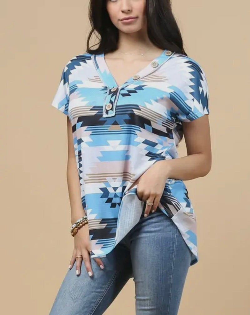 Twisted T Western & More Blue Aztec Print Button Thermal Top