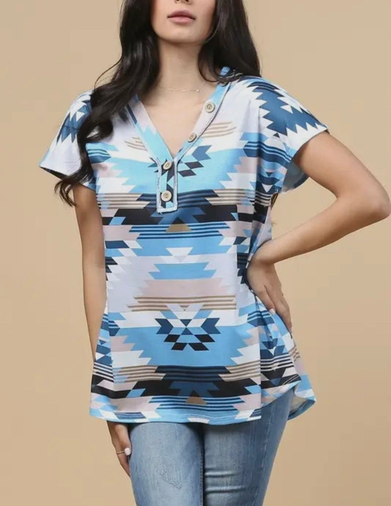 Twisted T Western & More Blue Aztec Print Button Thermal Top