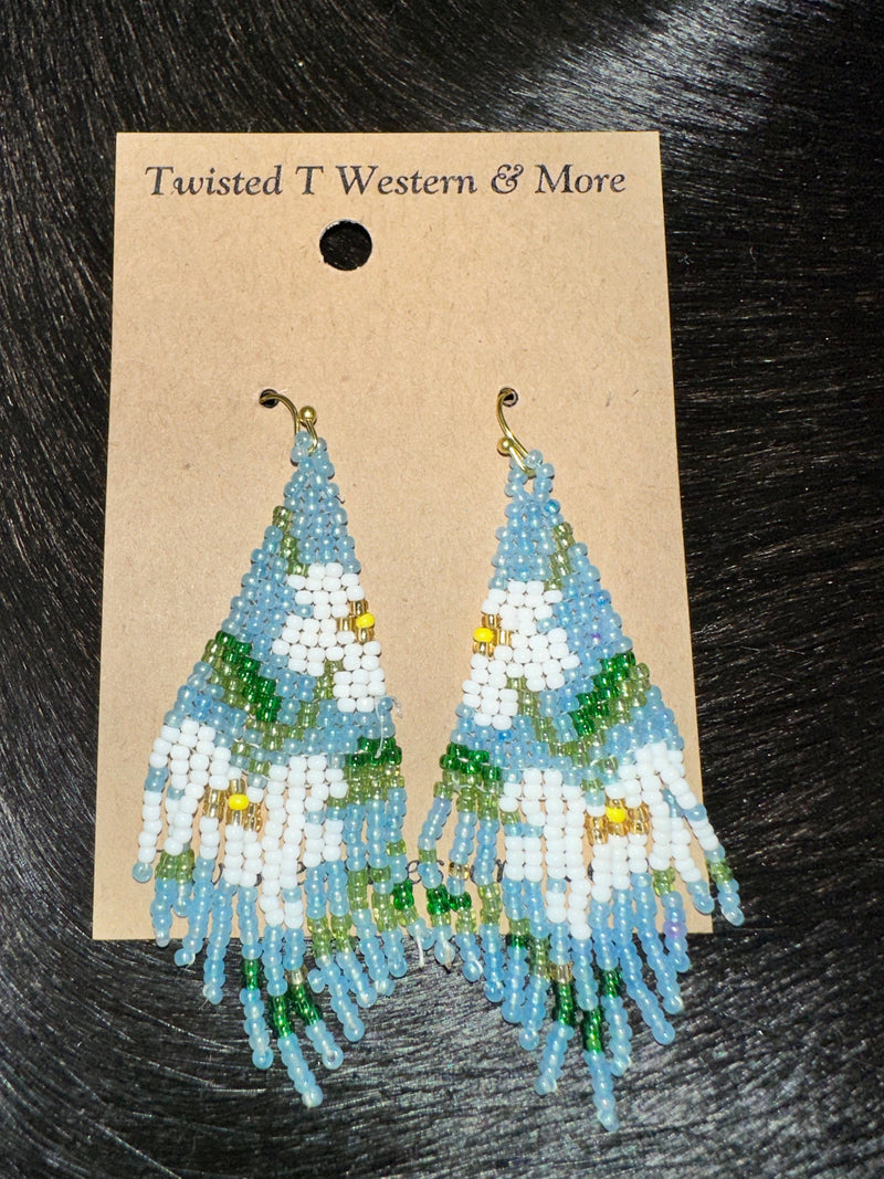 Twisted T Western & More Blue Floral Seed Bead Fringe Earrings