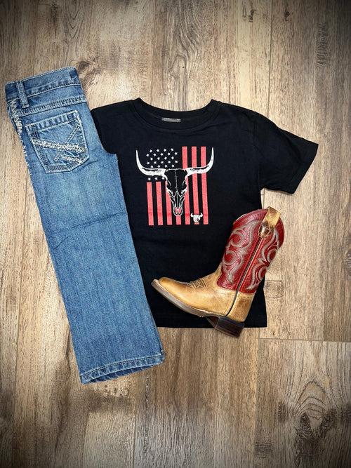 Twisted T Western & More Boys Shirts CH Toddler's SS Black Skull/Flag Shirt
