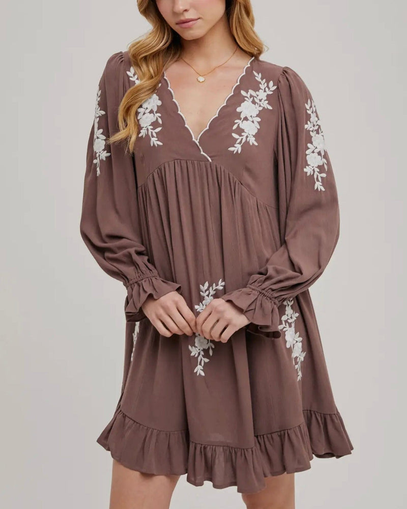 Twisted T Western & More Embroidered V-Neck Ruffle Dress