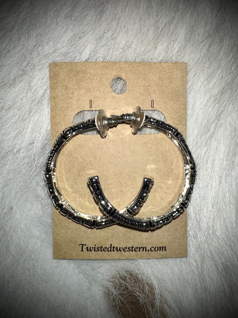 Twisted T Western & More Engraved Silver Hoop Earrings