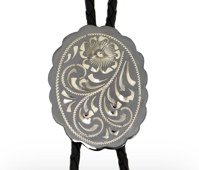 Twisted T Western & More Floral Engraving on Scalloped Oval Silver Bolo Tie