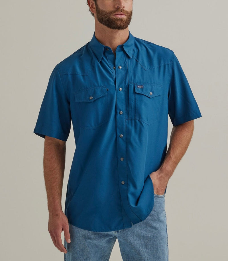 Twisted T Western & More Men's Blue Wrangler® Performance Short Sleeve Shirt in Classic Fit