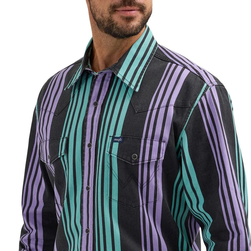 Twisted T Western & More Mens Wrangler Purple/Blue Brushpopper Stripe Vintage LS Shirt