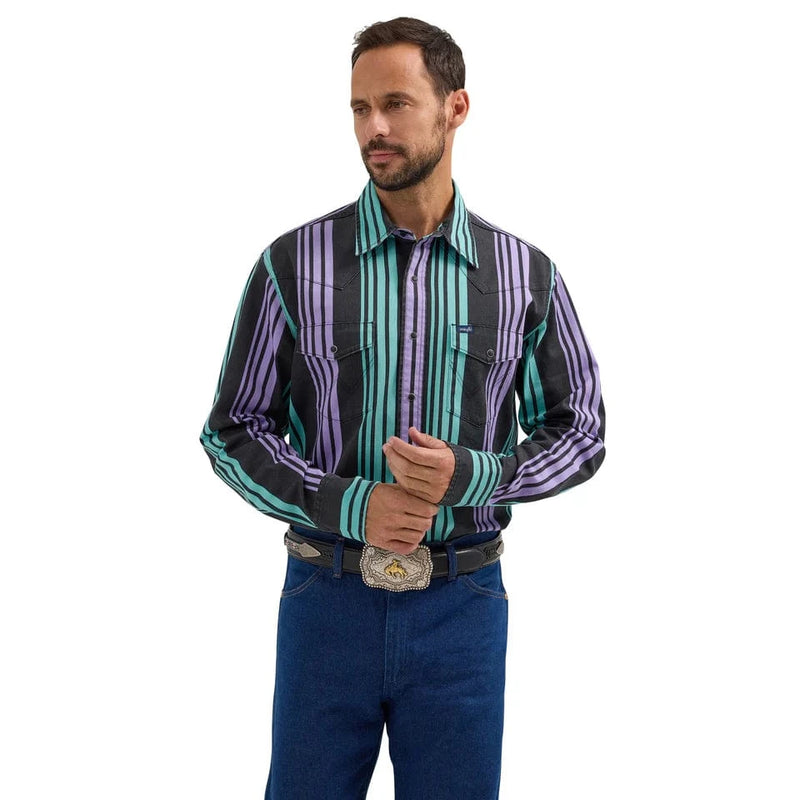 Twisted T Western & More Mens Wrangler Purple/Blue Brushpopper Stripe Vintage LS Shirt