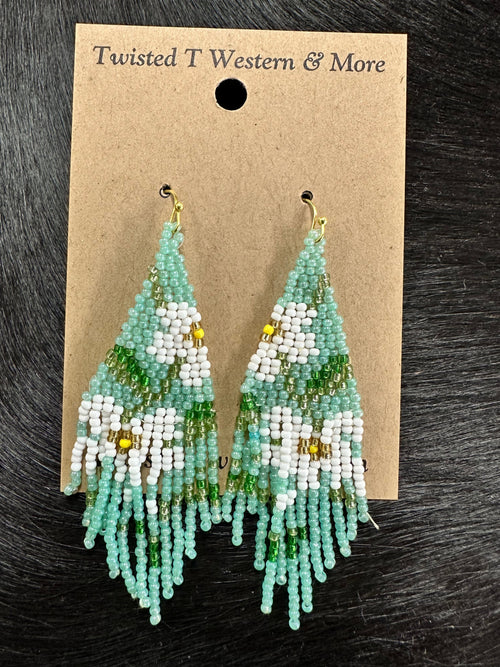 Twisted T Western & More Mint Floral Seed Bead Fringe Earrings