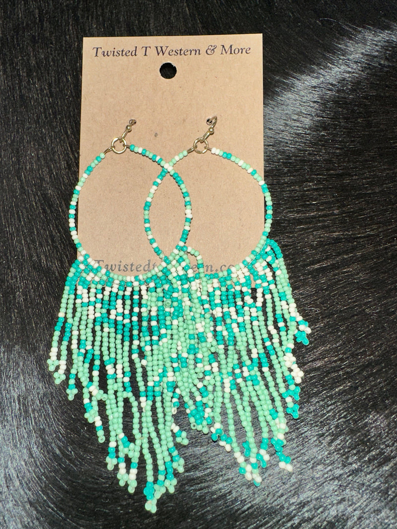 Twisted T Western & More Mint Teardrop Fringe Seed Bead Earrings