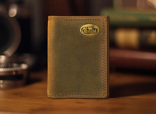 Twisted T Western & More Ole Miss Rebels Vintage Tan Leather Trifold Wallet