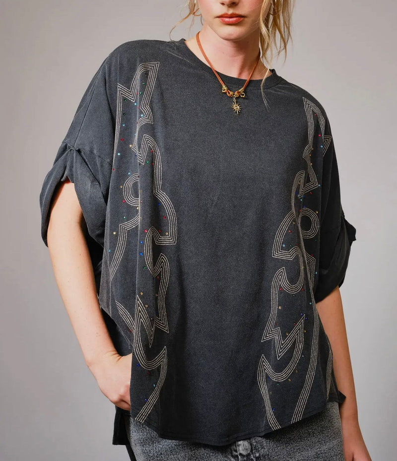 Twisted T Western & More Oversized Studded Boot Stitch Top