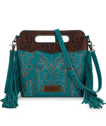 Twisted T Western & More Purses Wrangler Teal Floral Handle & Fringe Boot-Stitch CC Crossbody Bag