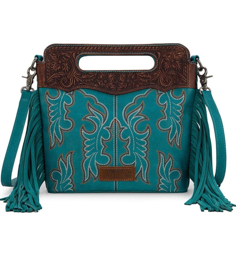 Twisted T Western & More Purses Wrangler Teal Floral Handle & Fringe Boot-Stitch CC Crossbody Bag