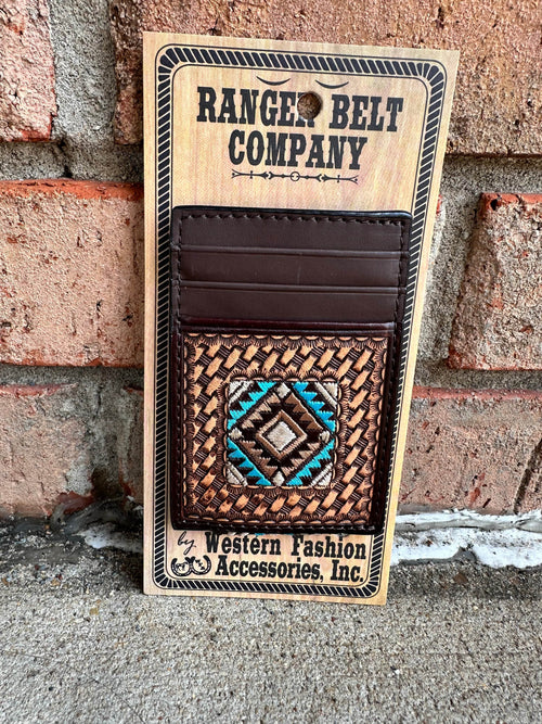 Twisted T Western & More Ranger Belt Company Basketweave and Blue Embroidery Magnetic Money Clip
