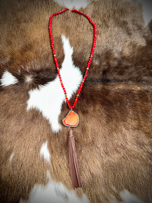 Twisted T Western & More Red Beaded Necklace with Stone and Leather Trim