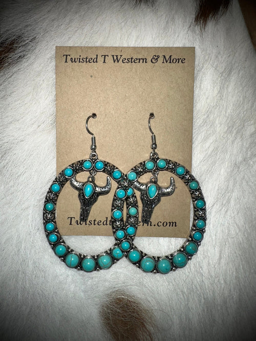 Twisted T Western & More Turquoise Oval Earrings with Dangly Steer-head
