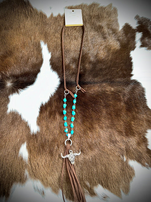 Twisted T Western & More Western Necklace with Leather Tassel and Steer-head and Turquoise Stone Accents