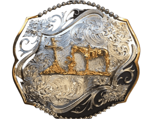 Twisted T Western & More Western Silver, Gold, and Black Christian Praying Cowboy Cross Belt Buckle