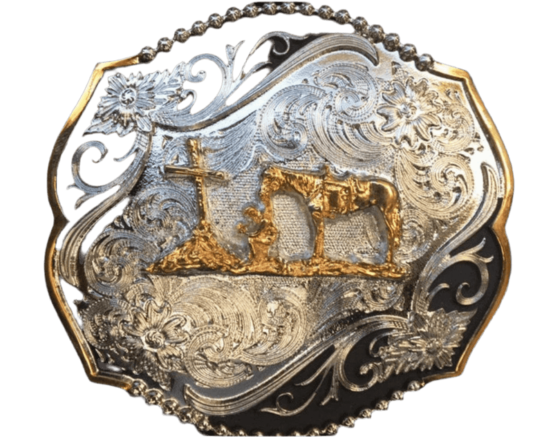 Twisted T Western & More Western Silver, Gold, and Black Christian Praying Cowboy Cross Belt Buckle