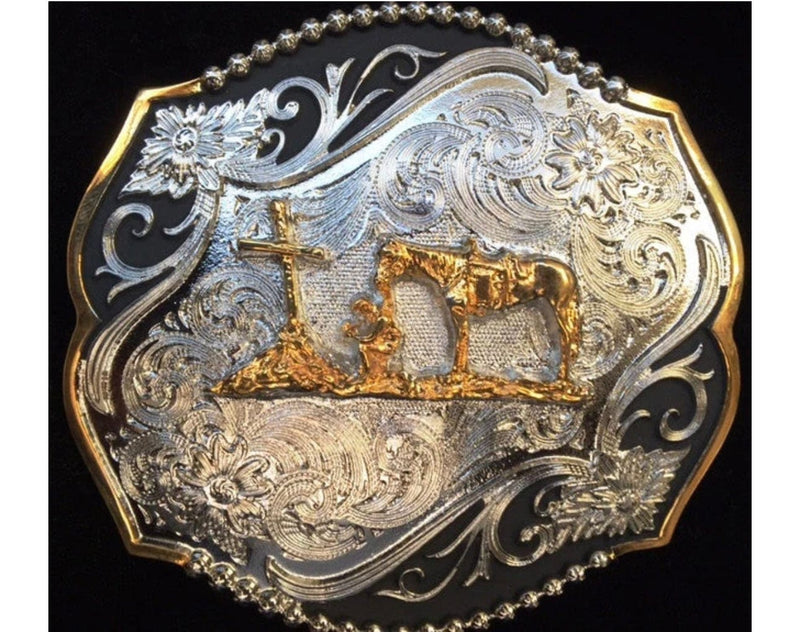 Twisted T Western & More Western Silver, Gold, and Black Christian Praying Cowboy Cross Belt Buckle