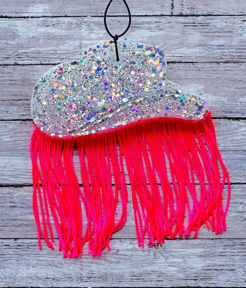 Twisted T Western & More White Glitter Hat w/ Pink Fringe (Night Ice) Car Freshie