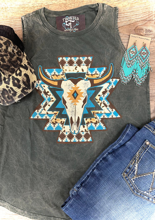 Twisted T Western & More Women’s Olive Aztec Cow Skull Tank Top