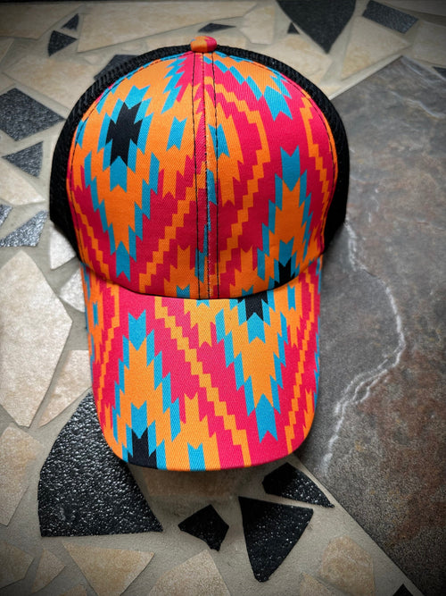 Twisted T Western & More Women’s Orange/Pink/Blue Aztec Pony Tail Ball Cap