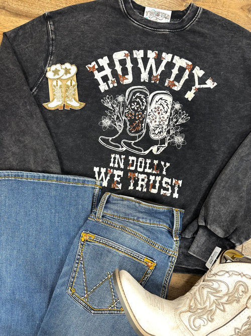 Twisted T Western & More Womens apparel “In Dolly We Trust” Mineral Sweatshirt