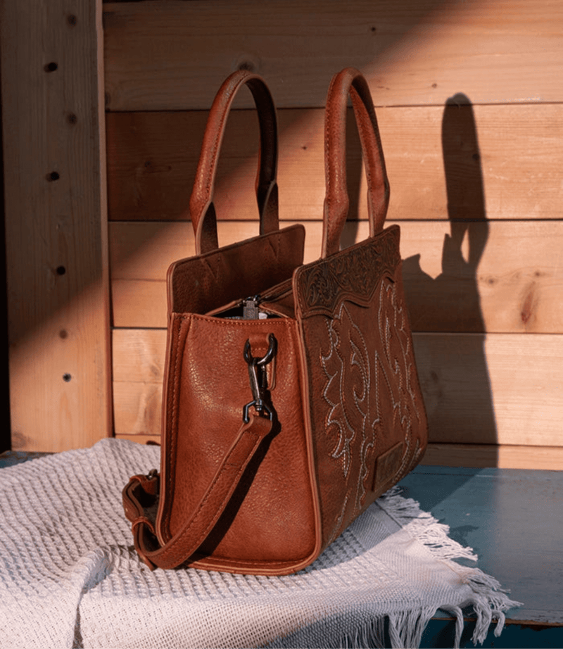 Twisted T Western & More Wrangler Boot Scroll Crossbody Purse in Brown