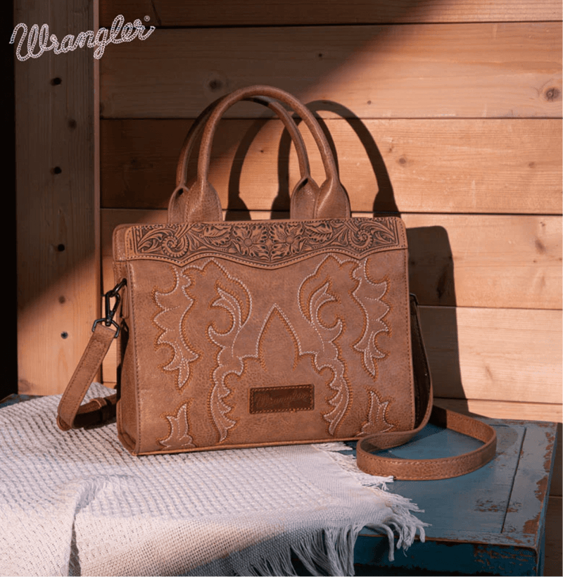 Twisted T Western & More Wrangler Boot Scroll Crossbody Purse  in Khaki
