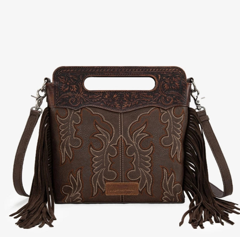 Twisted T Western & More Wrangler Coffee Floral Handle & Fringe Boot-Stitch CC Crossbody Bag