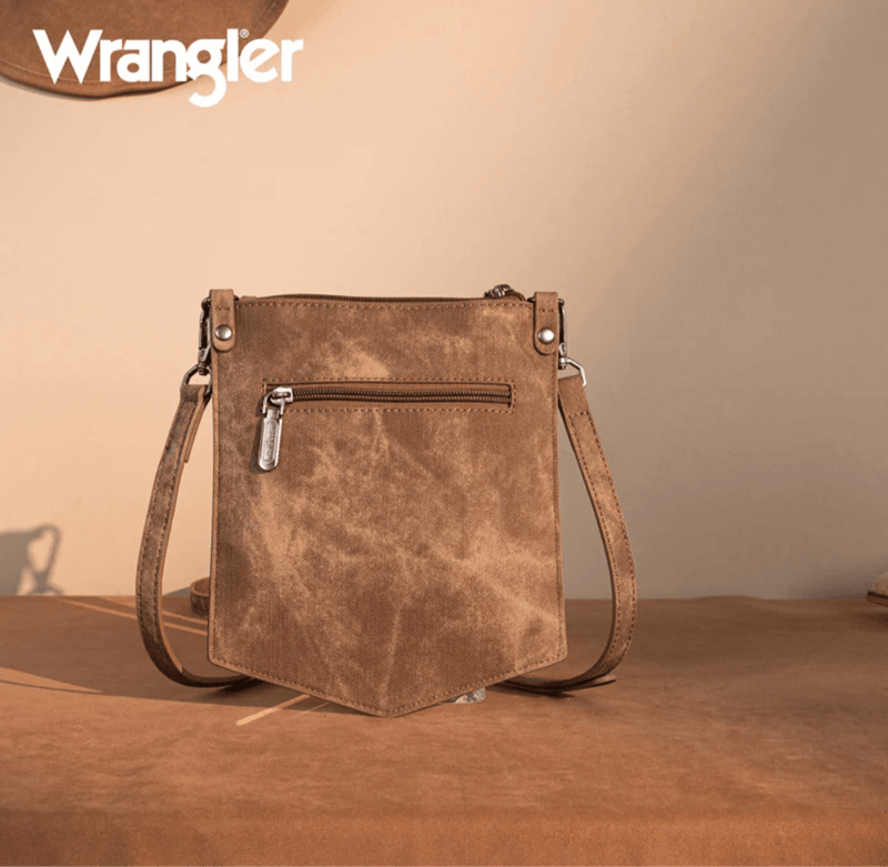 Twisted T Western & More Wrangler “W” Stitch Water Repellent Denim Pocket Crossbody in Brown