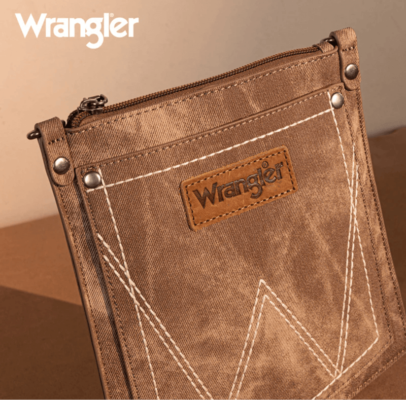 Twisted T Western & More Wrangler “W” Stitch Water Repellent Denim Pocket Crossbody in Brown