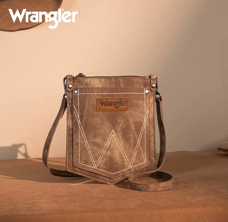 Twisted T Western & More Wrangler “W” Stitch Water Repellent Denim Pocket Crossbody in Brown