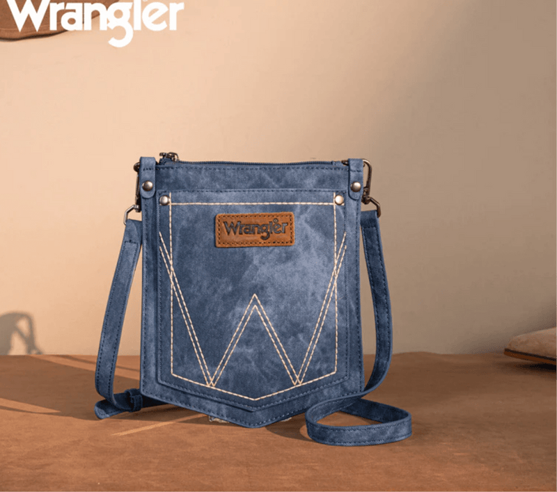 Twisted T Western & More Wrangler “W” Stitch Water Repellent Denim Pocket Crossbody in Jean