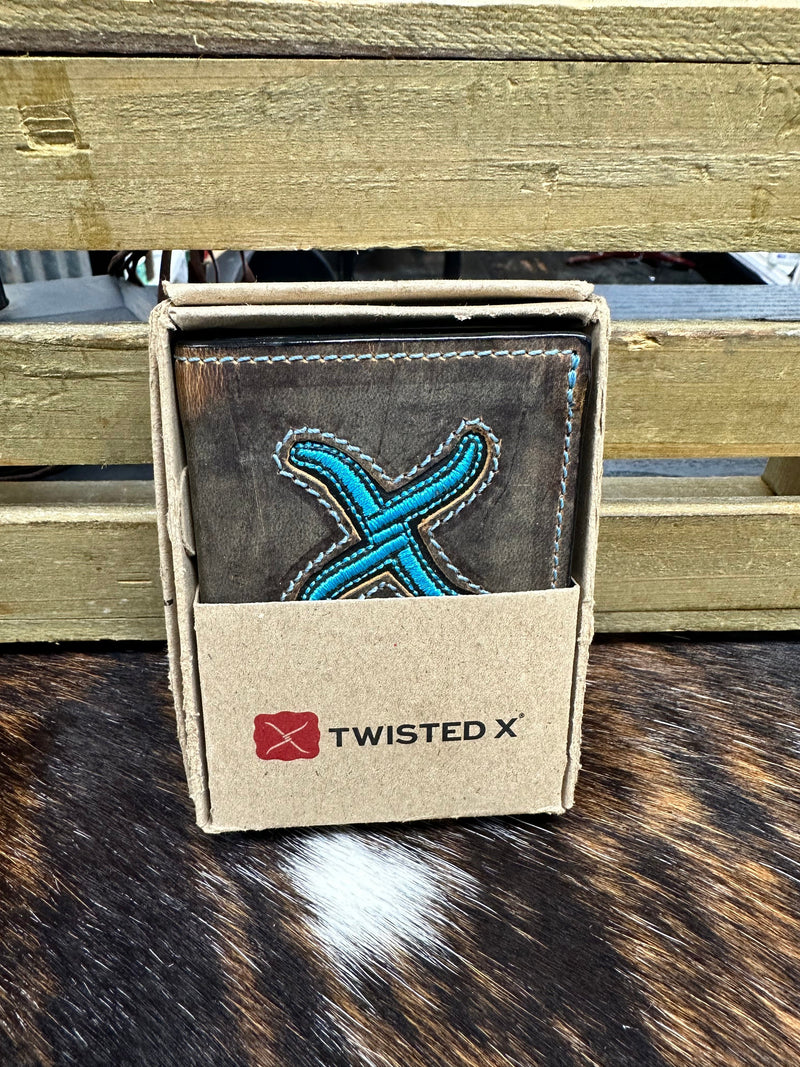Twisted X Men’s Accessories Tri-Fold Wallet Twisted X Distressed Brown and Turquoise Rodeo Wallet