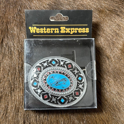 Western express Belt Buckle with Red and Turquoise Western Stones