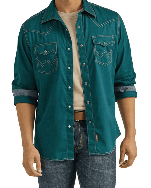 WRANGLER Apparel & Accessories Men's Wrangler LS Retro Teal Snap Shirt