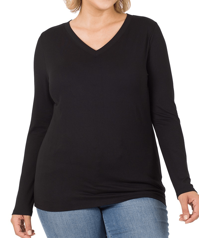 Zenana Apparel & Accessories Women's Curvy LS V-Neck Black Tee