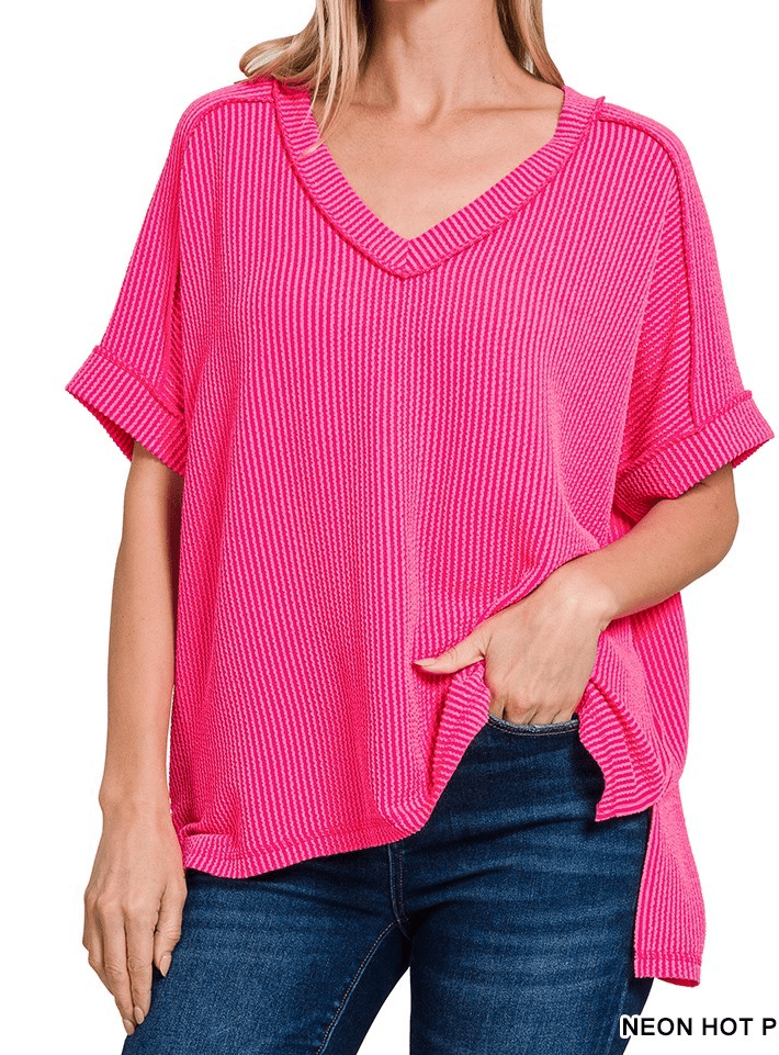 Zenana Women's Apparel S/M / Neon Hot Pink Women's Rib SS V Neck Top