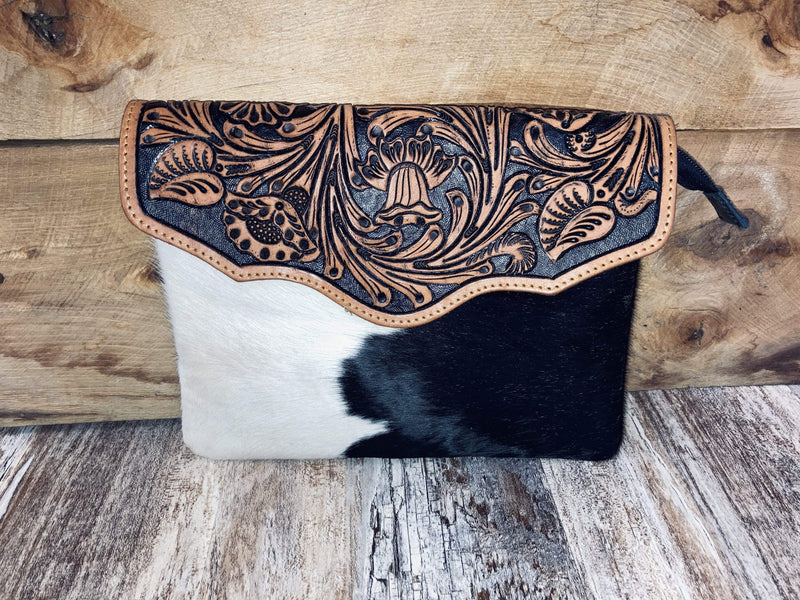 American Darling Purses 9.5x11 Black & White Cowhide Crossbody with a Leather Flap