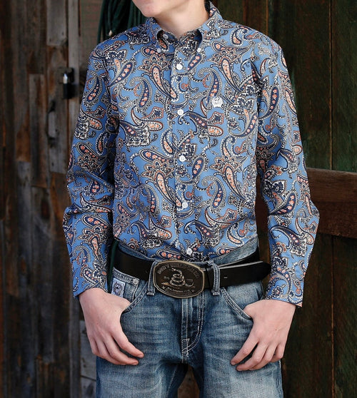 Cinch Boys Shirts XS BOY/TOD/INF Cinch Blue/Orange Paisley LS Buttondown