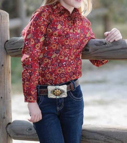 Cruel Girl Western Shirt Girls Red Flower Pattern Western Snap Shirt