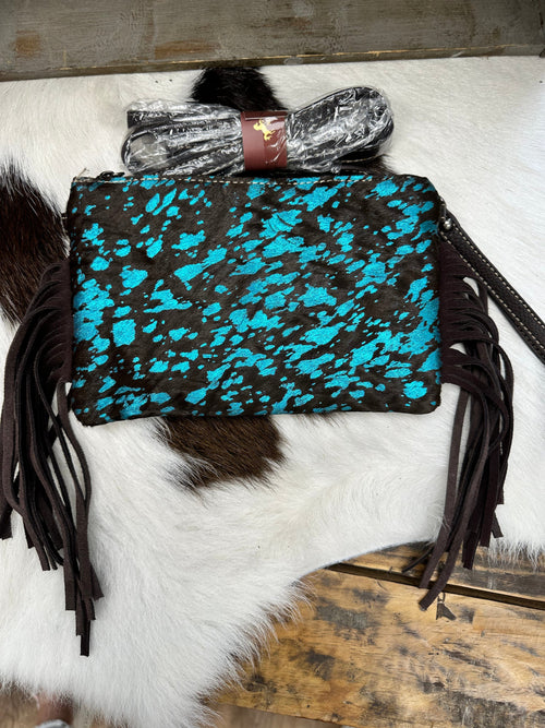 Montana West Montana West Blue Cowhide Wristlet/ Crossbody Purse with Fringe