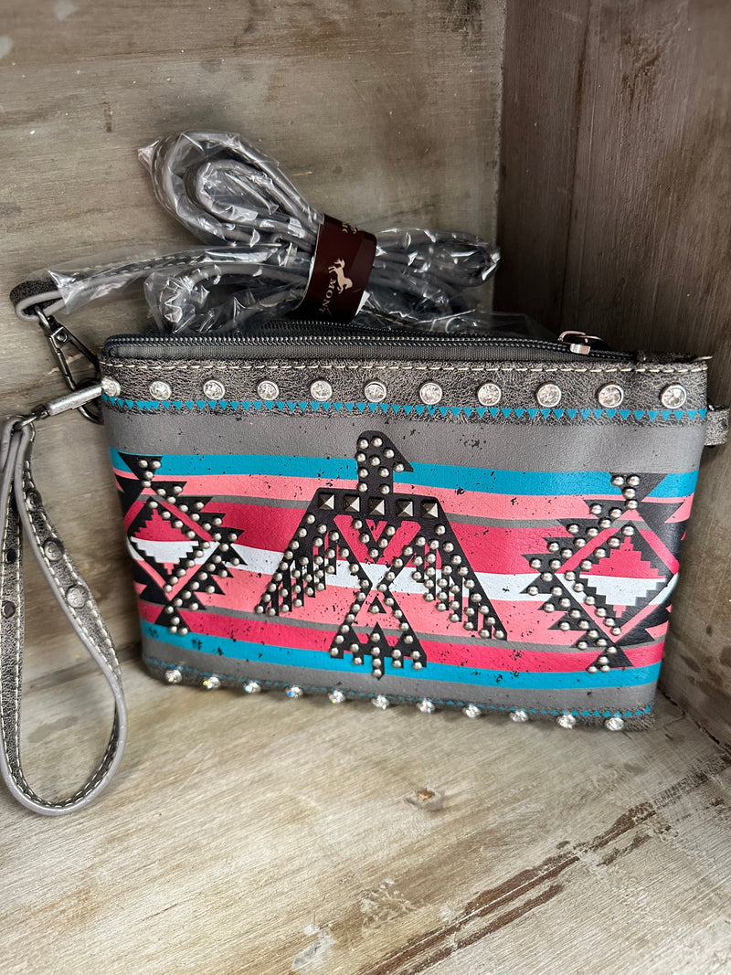Montana West Montana West Stripped a leather Wristlet/ Crossbody Purse with Freebird Design and Diamond Accents