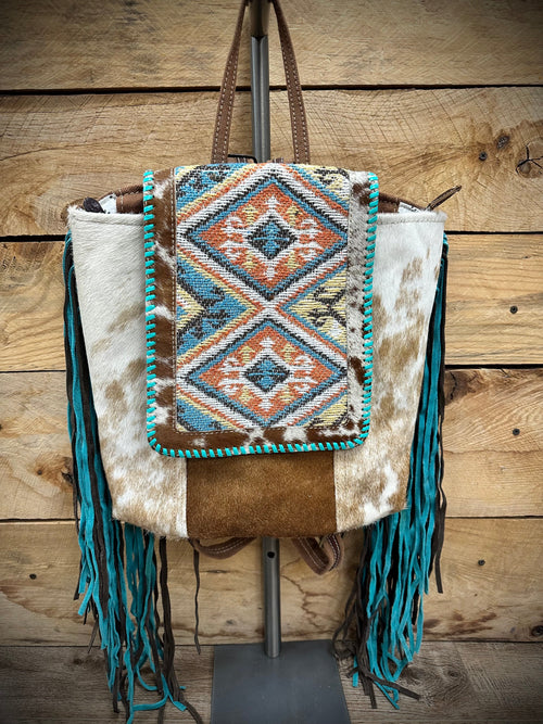 Myra Bag Myra Cowhide Backpack with Stitched Aztec and Fringe