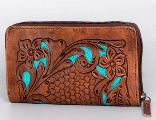 Olay Bags Scrolled Leather With Teal Inlay Wallet