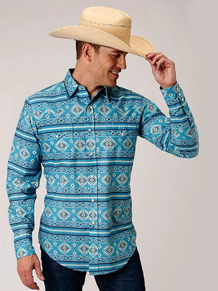 Roper Men's Shirts Men's Roper LS Blue Aztec Snap Shirt
