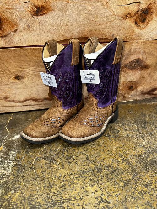 Smokey Mountain Kids Footwear SM Leather Brown/Purple Sq Toe