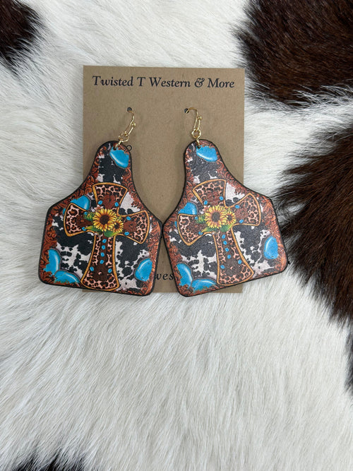 Twisted T Western & More Cow Tag Earrings with Cross
